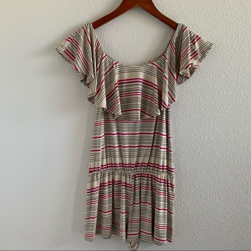 Fighting Eel Ruffle Stripe Tan Pink Romper Playsuit Jumpsuit Hawaii Aloha XS